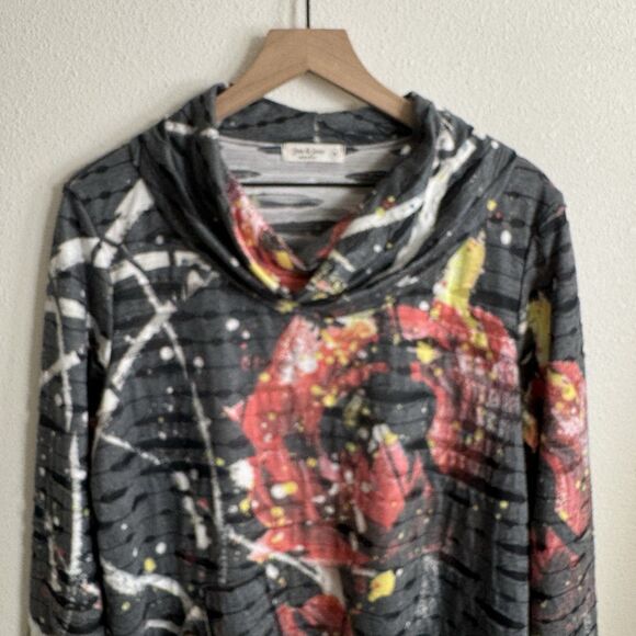 Jess & Jane Top Womens Medium Gray Cowl Neck Artsy Art To Wear Hippie Boho Tunic - Picture 2 of 16